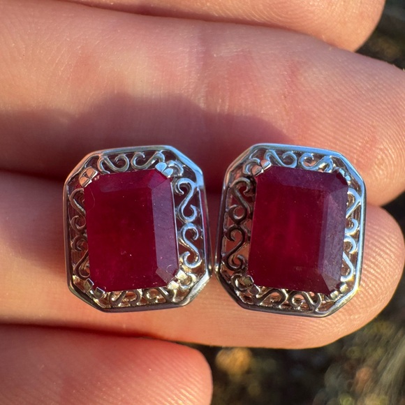 Estate Ruby and Sterling Silver Earrings - Picture 2 of 15